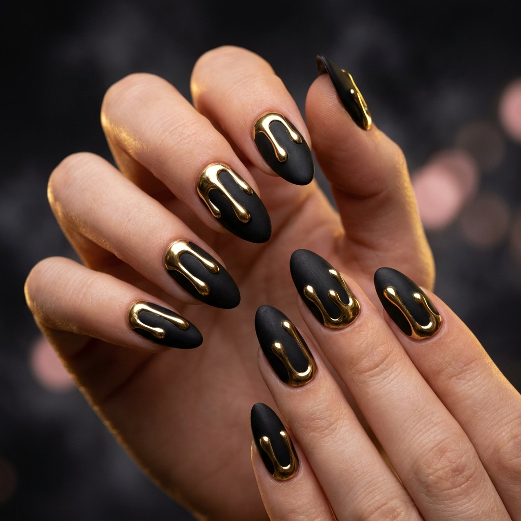 Set Orage d'Or — press on nails noir mat coulures or 3D